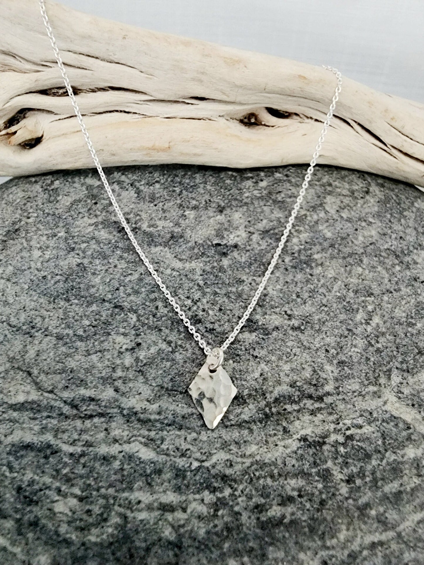 Tiny Hammered Diamond Necklace, Gold, Silver