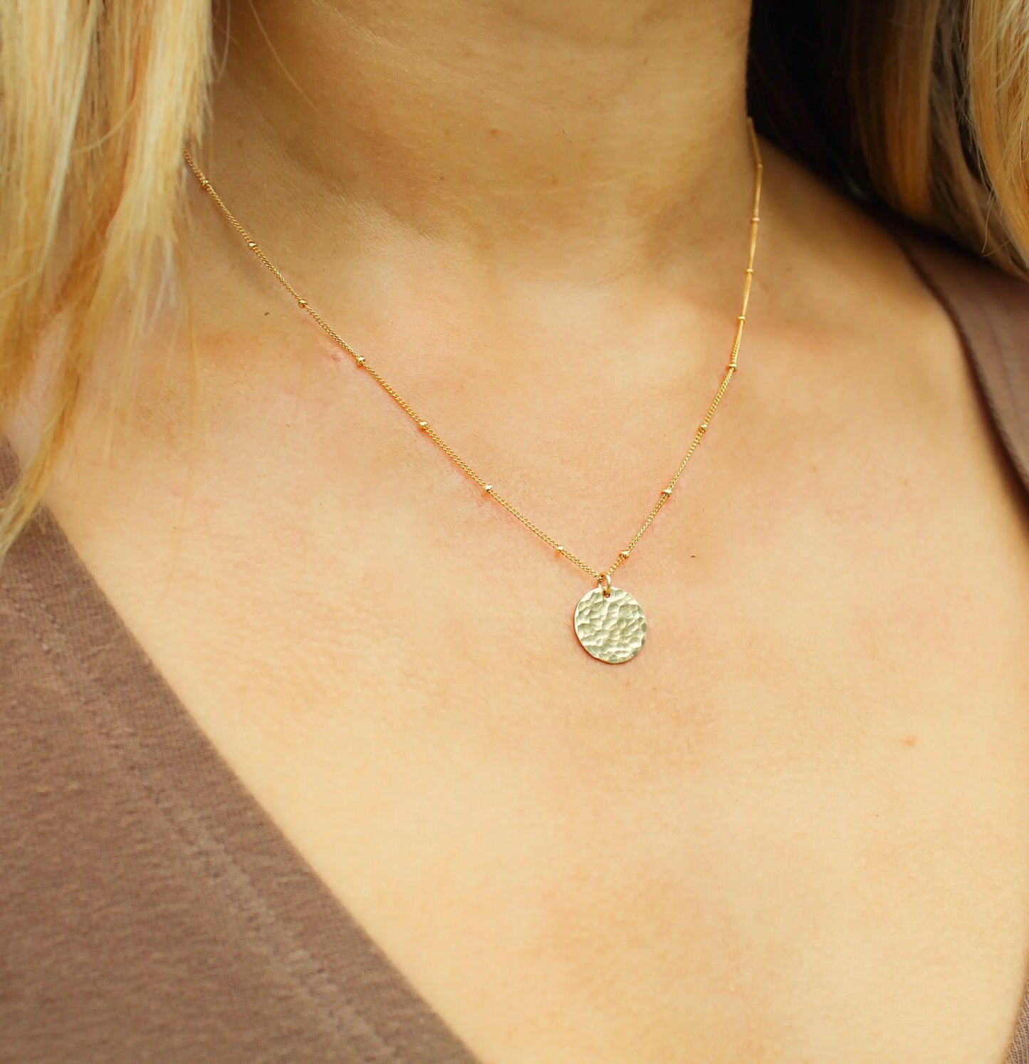 Gold Hammered Circle Necklace on Satellite Chain, 3 Sizes My Store