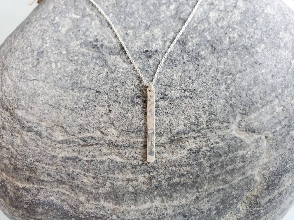 Tiny Sterling Silver Vertical Hammered Bar Necklace