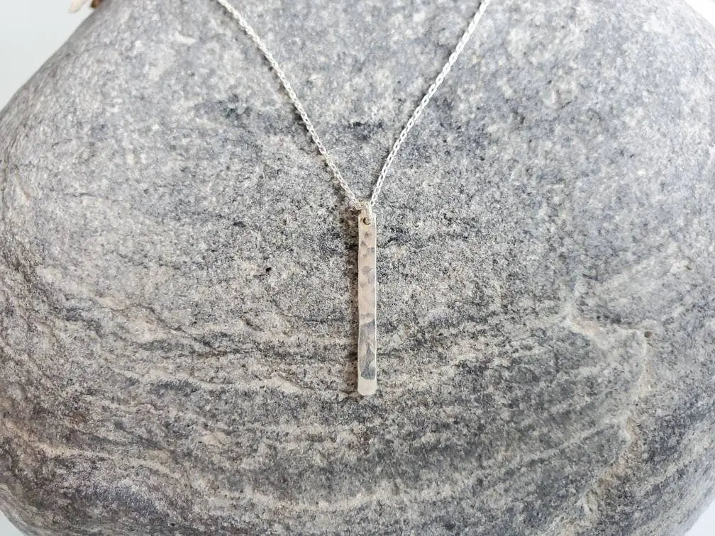Tiny Sterling Silver Vertical Hammered Bar Necklace My Store