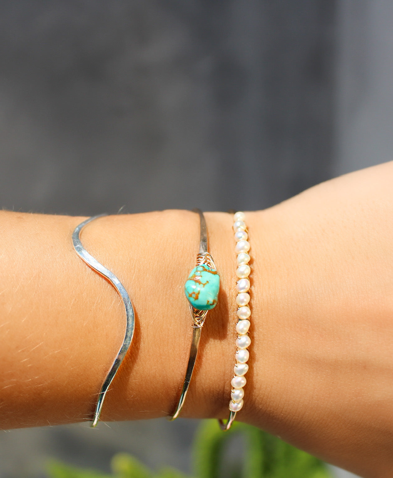 Turquoise Gemstone Bangle, Sterling Silver, 14K Gold Fill