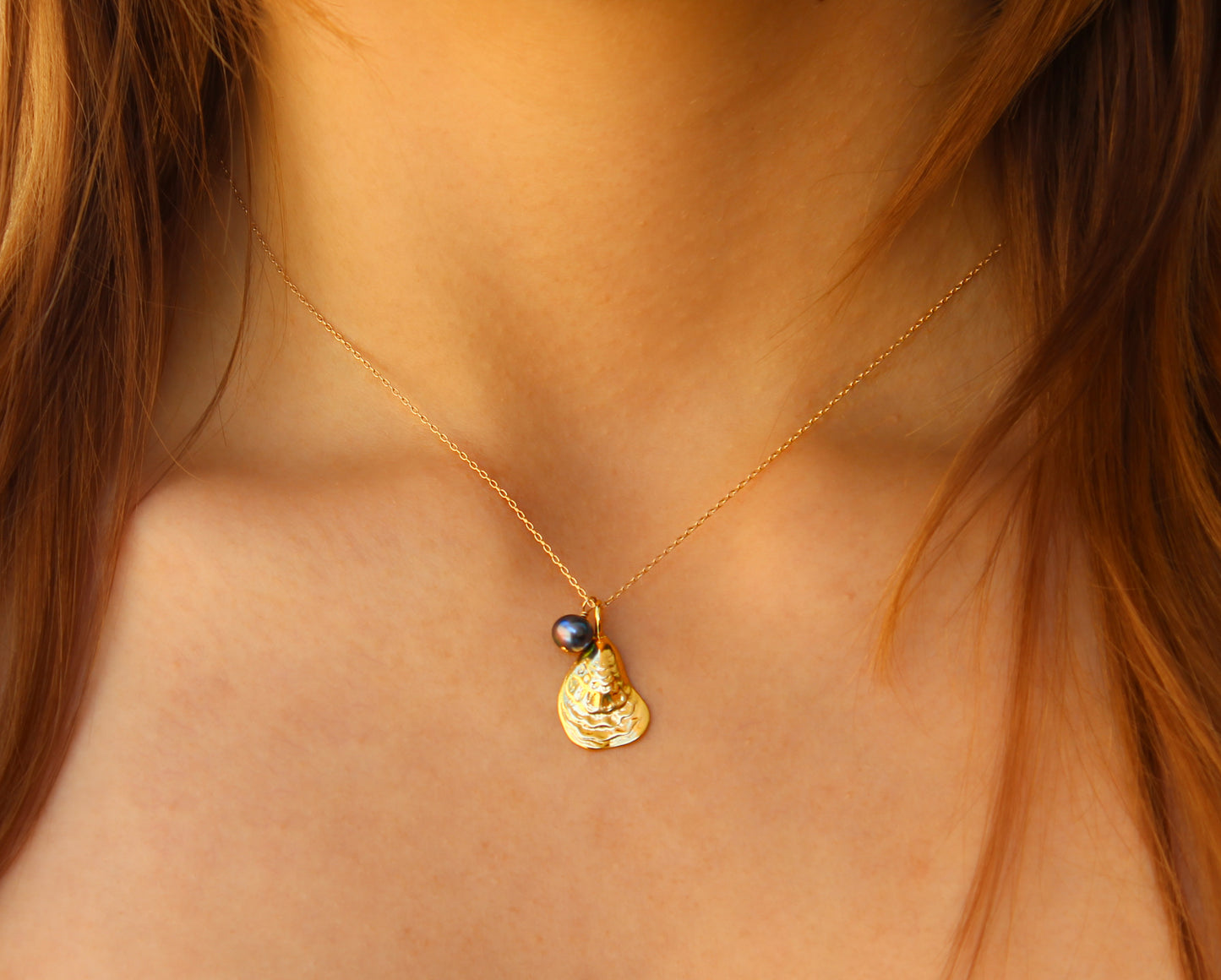 Gold Oyster Shell and Pearl Necklace, Gold Vermeil