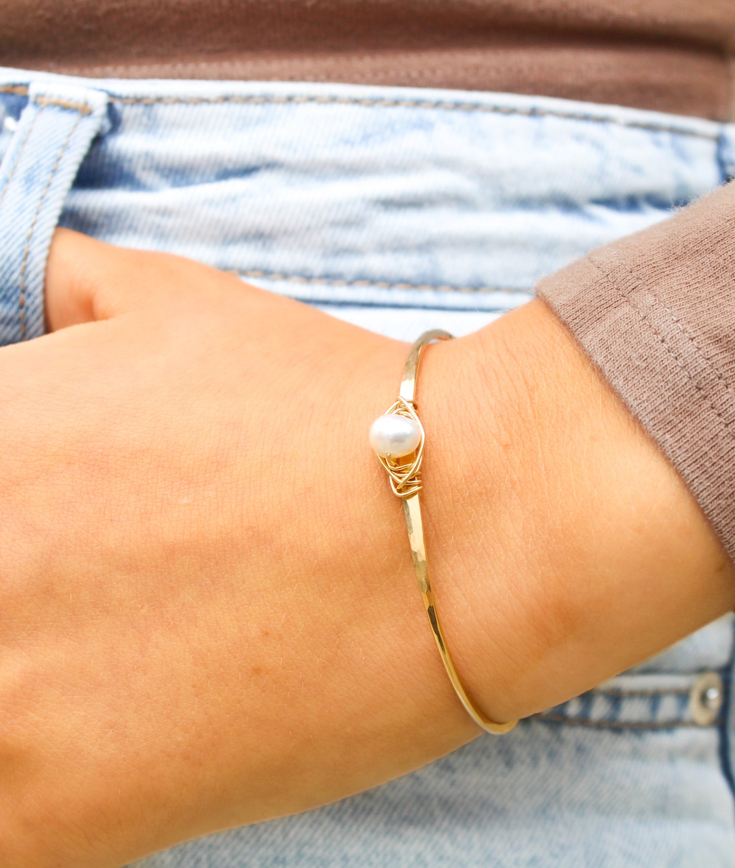 Freshwater Pearl Stacking Bangle, Sterling Silver, 14K Gold Fill