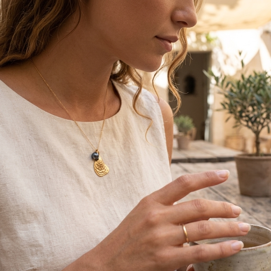 Sterling Silver Oyster Shell and Pearl Necklace
