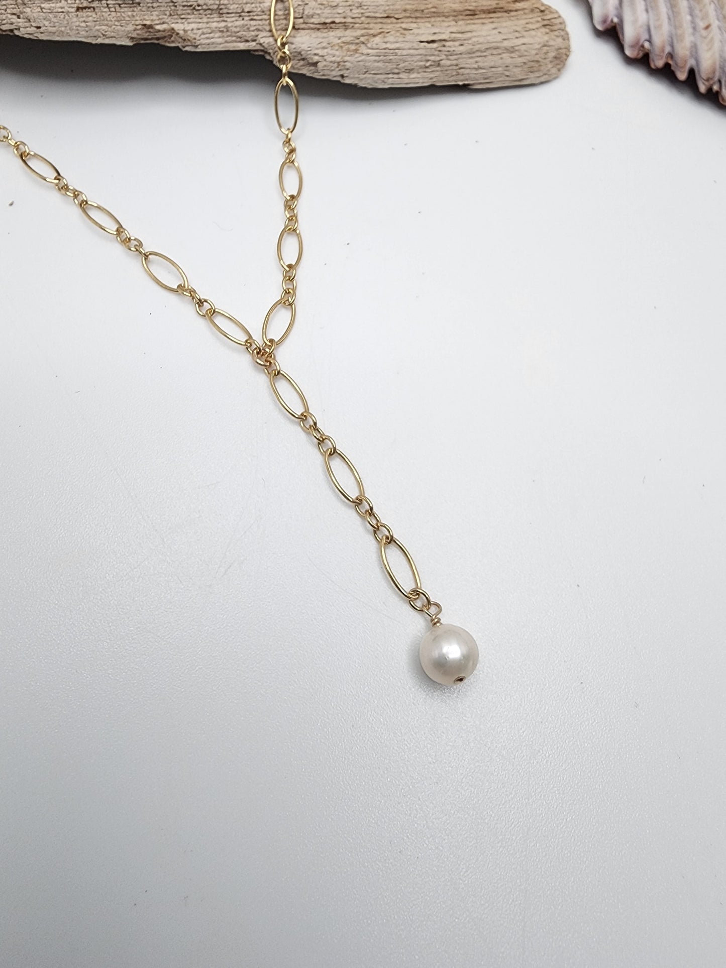 Dainty Pearl Y-Necklace on Figaro Chain, 14k Gold Fill, Sterling Silver