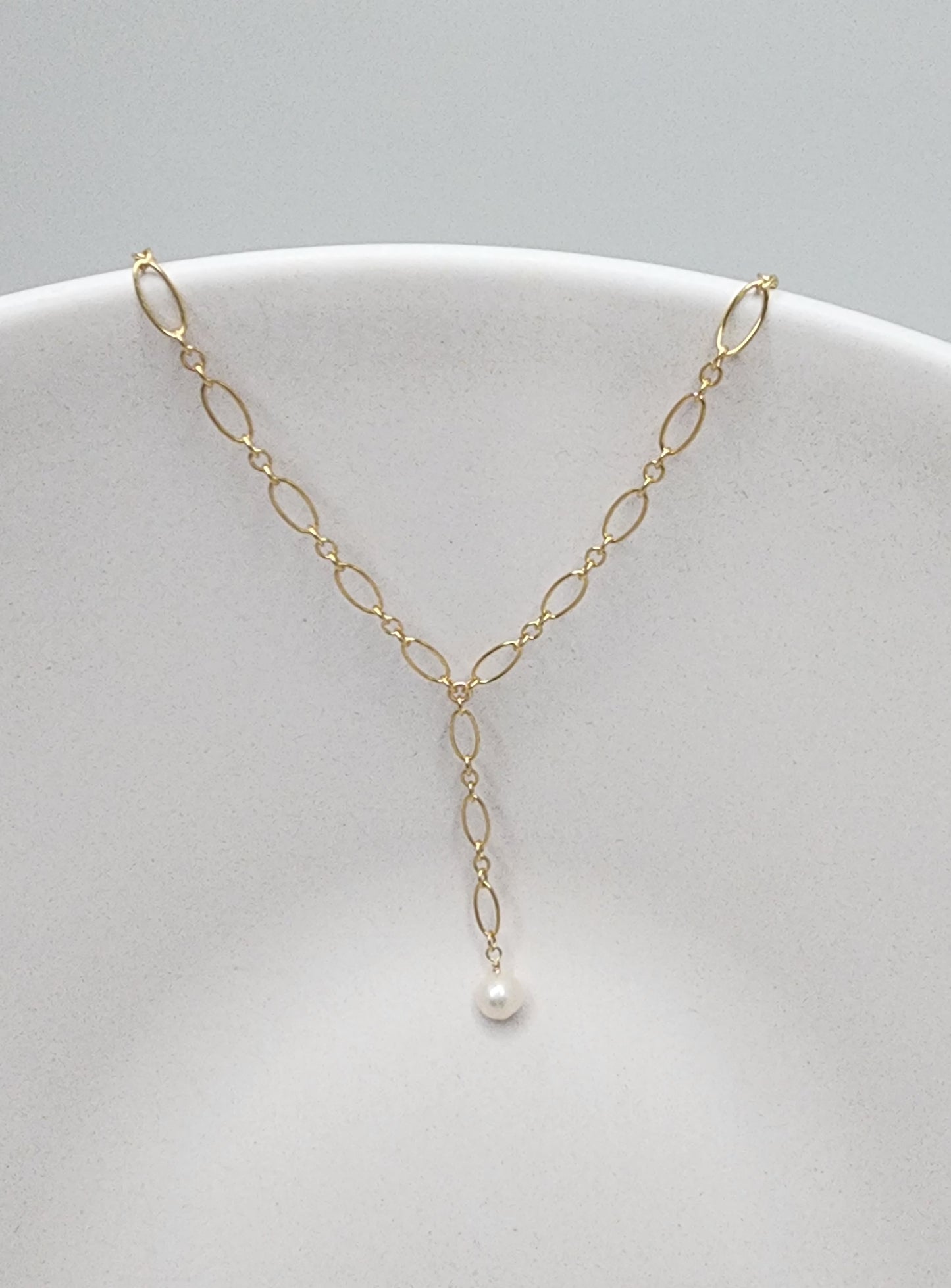 Dainty Pearl Y-Necklace on Figaro Chain, 14k Gold Fill, Sterling Silver