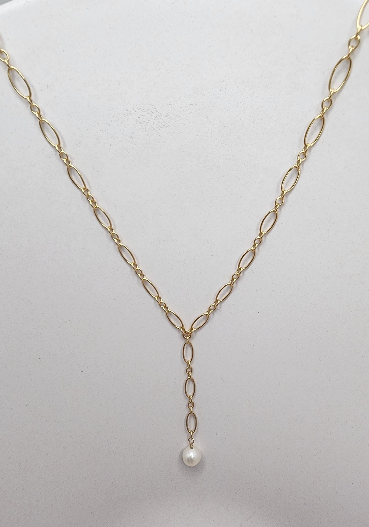 Dainty Pearl Y-Necklace on Figaro Chain, 14k Gold Fill, Sterling Silver