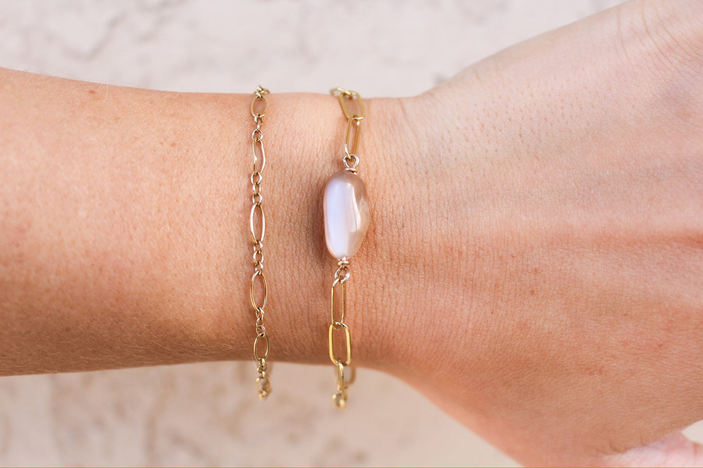 Peach Moonstone Bracelet with Paperclip Chain