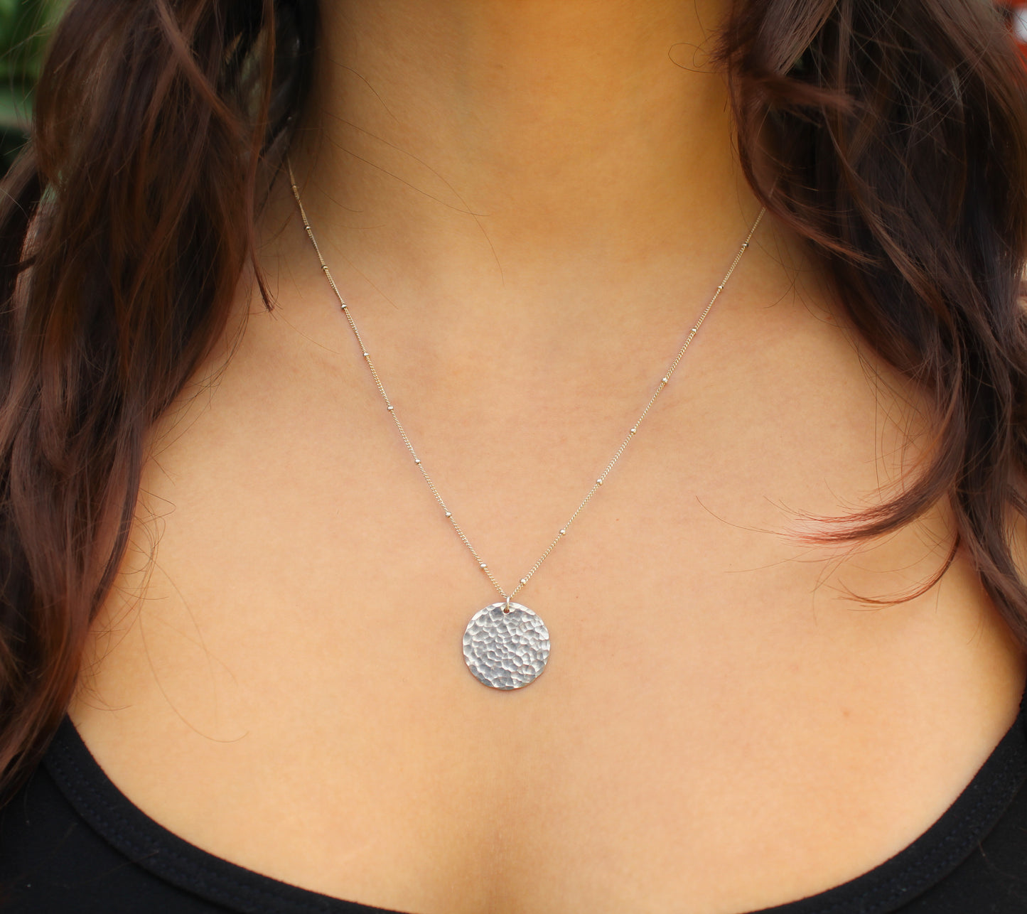 Medium Hammered Gold Circle Necklace on Satellite Chain