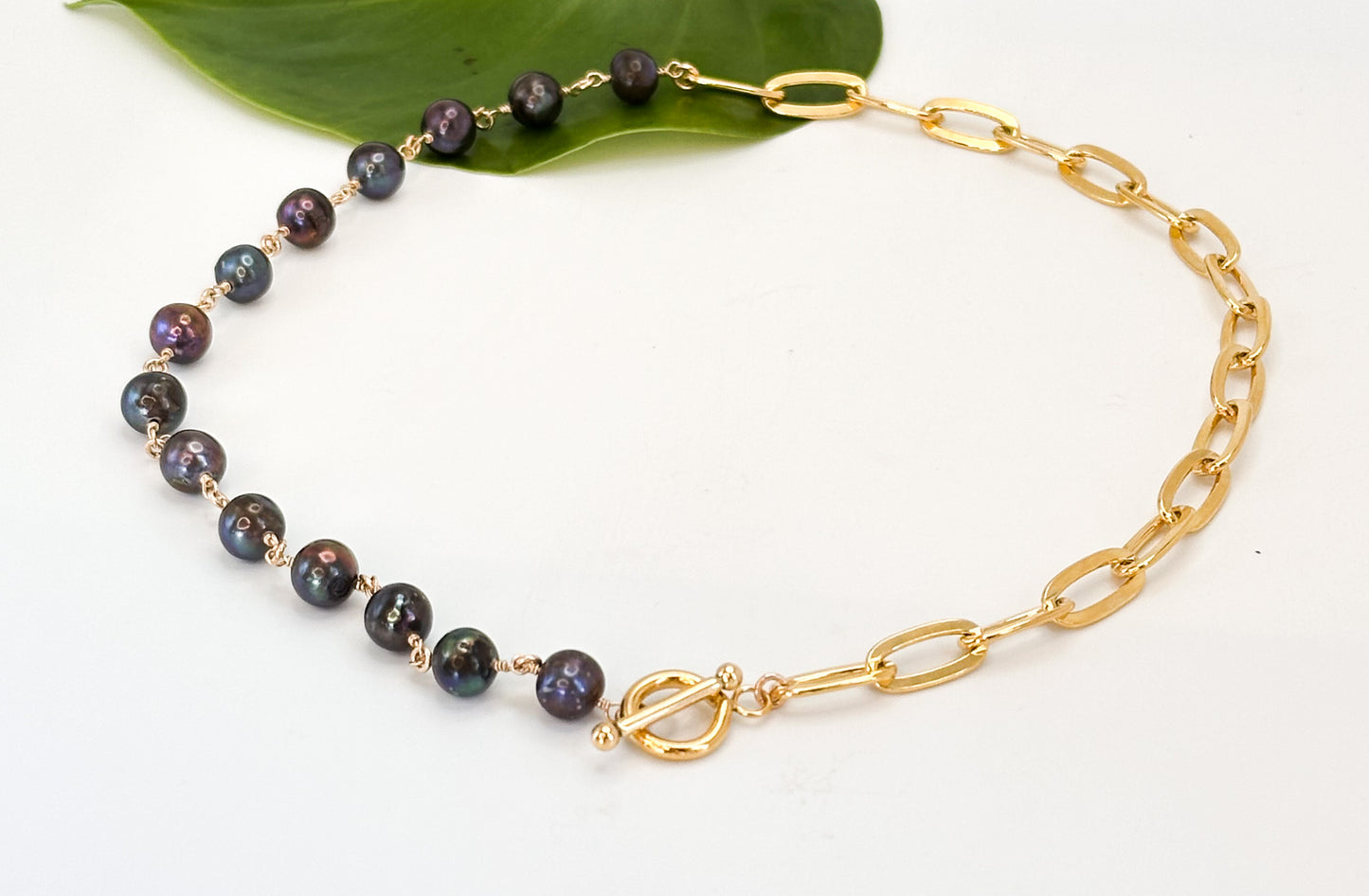 Peacock Pearl and Chunky 14k Gold Fill Paperclip Necklace