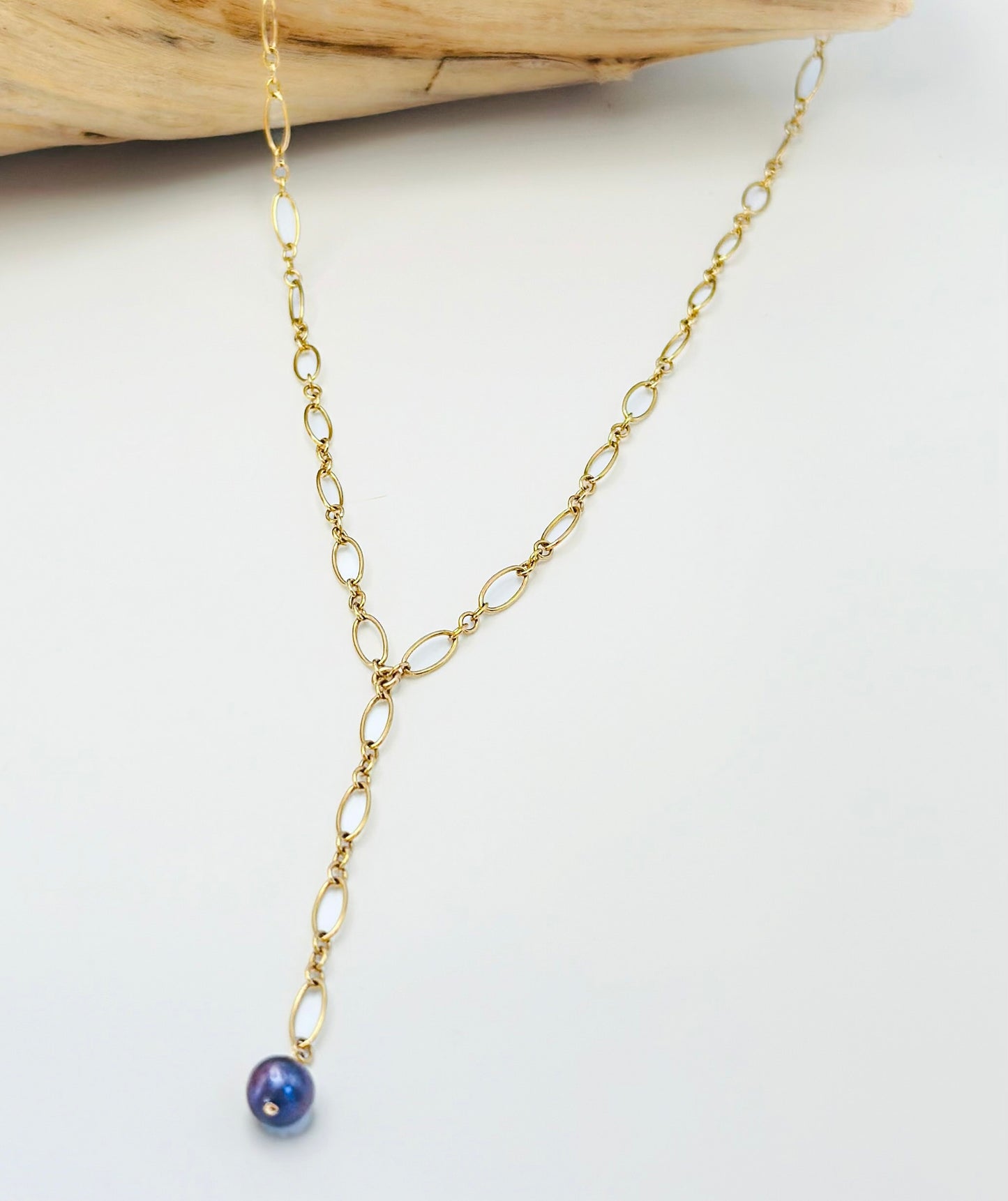 Dainty Peacock Pearl Y Necklace on Figaro Chain