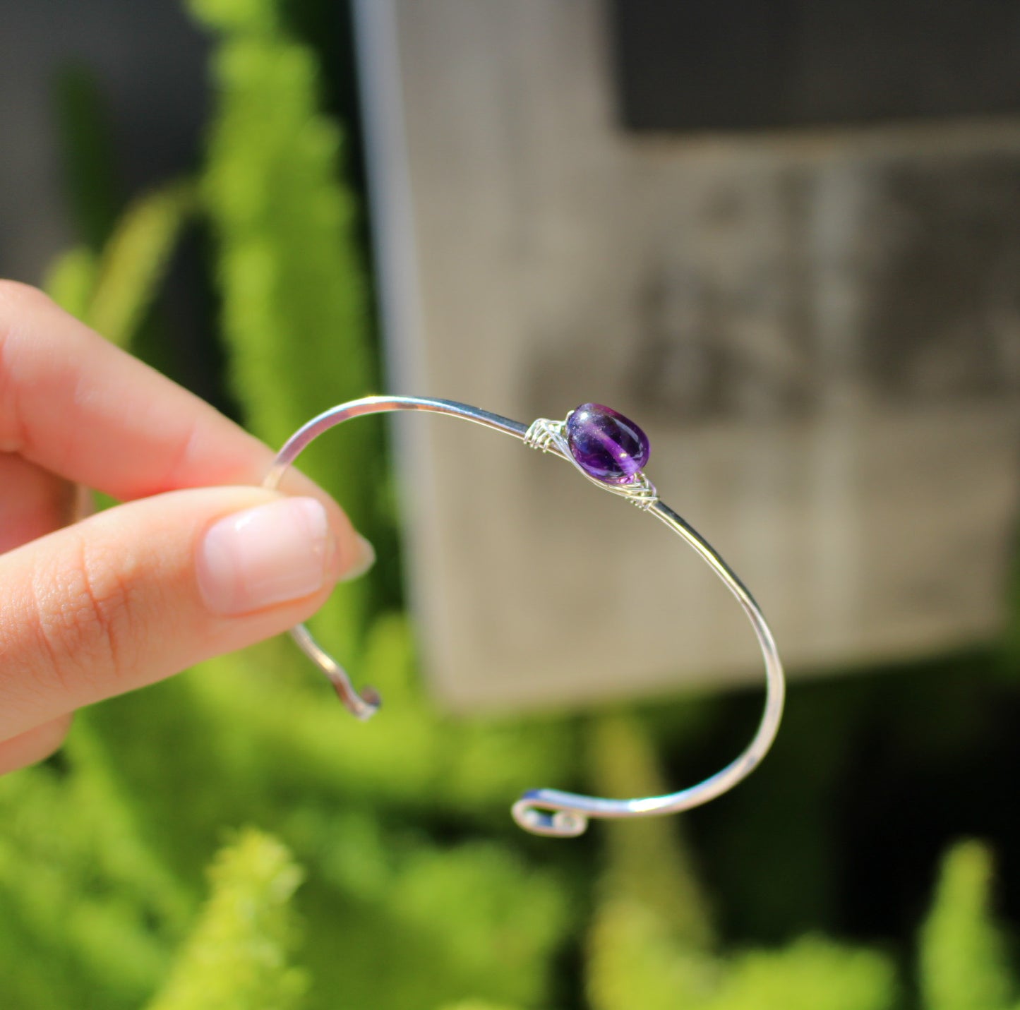 Amethyst Gemstone Bangle, Sterling Silver, 14K Gold Fill