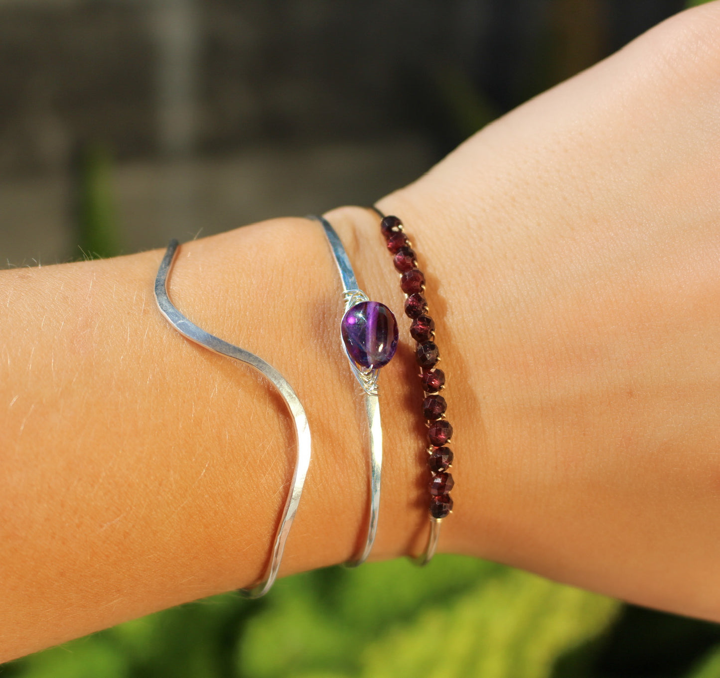 Amethyst Gemstone Bangle, Sterling Silver, 14K Gold Fill