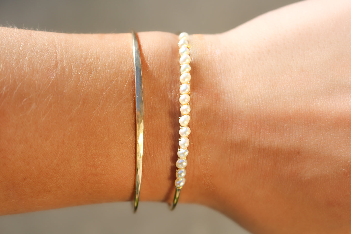 Hammered Pearl Bangle, Sterling Silver, Gold Fill