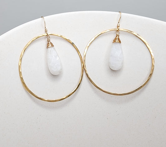 Moonstone Hoop Earrings, Silver, Gold