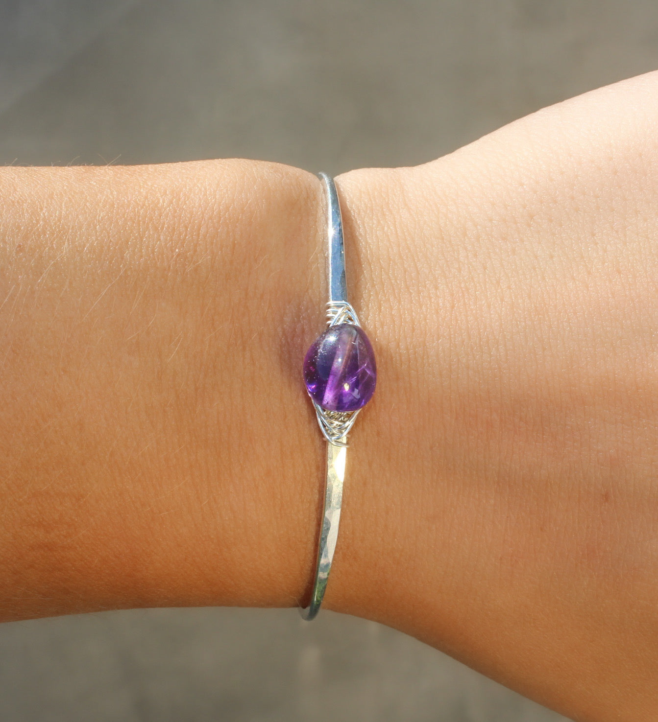 Amethyst Gemstone Bangle, Sterling Silver, 14K Gold Fill