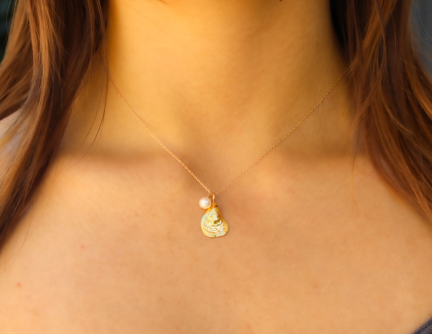 Gold Oyster Shell and Pearl Necklace, Gold Vermeil