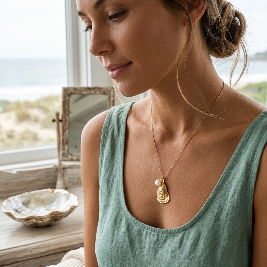 Gold Oyster Shell and Pearl Necklace, Gold Vermeil