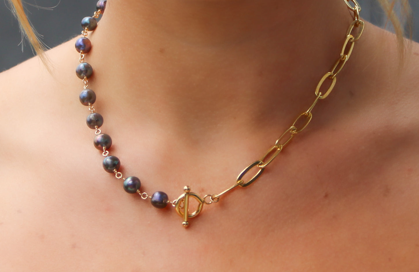 Peacock Pearl and Chunky 14k Gold Fill Paperclip Necklace