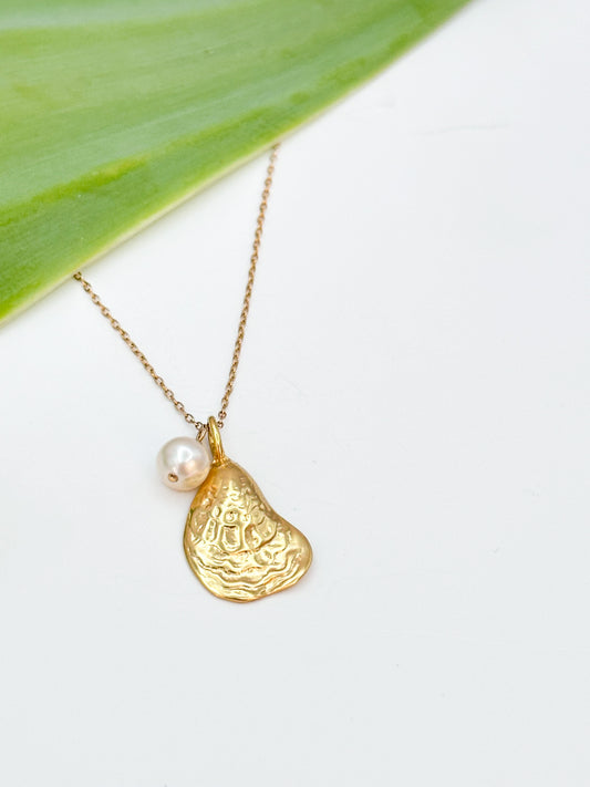 Gold Oyster Shell and Pearl Necklace, Gold Vermeil