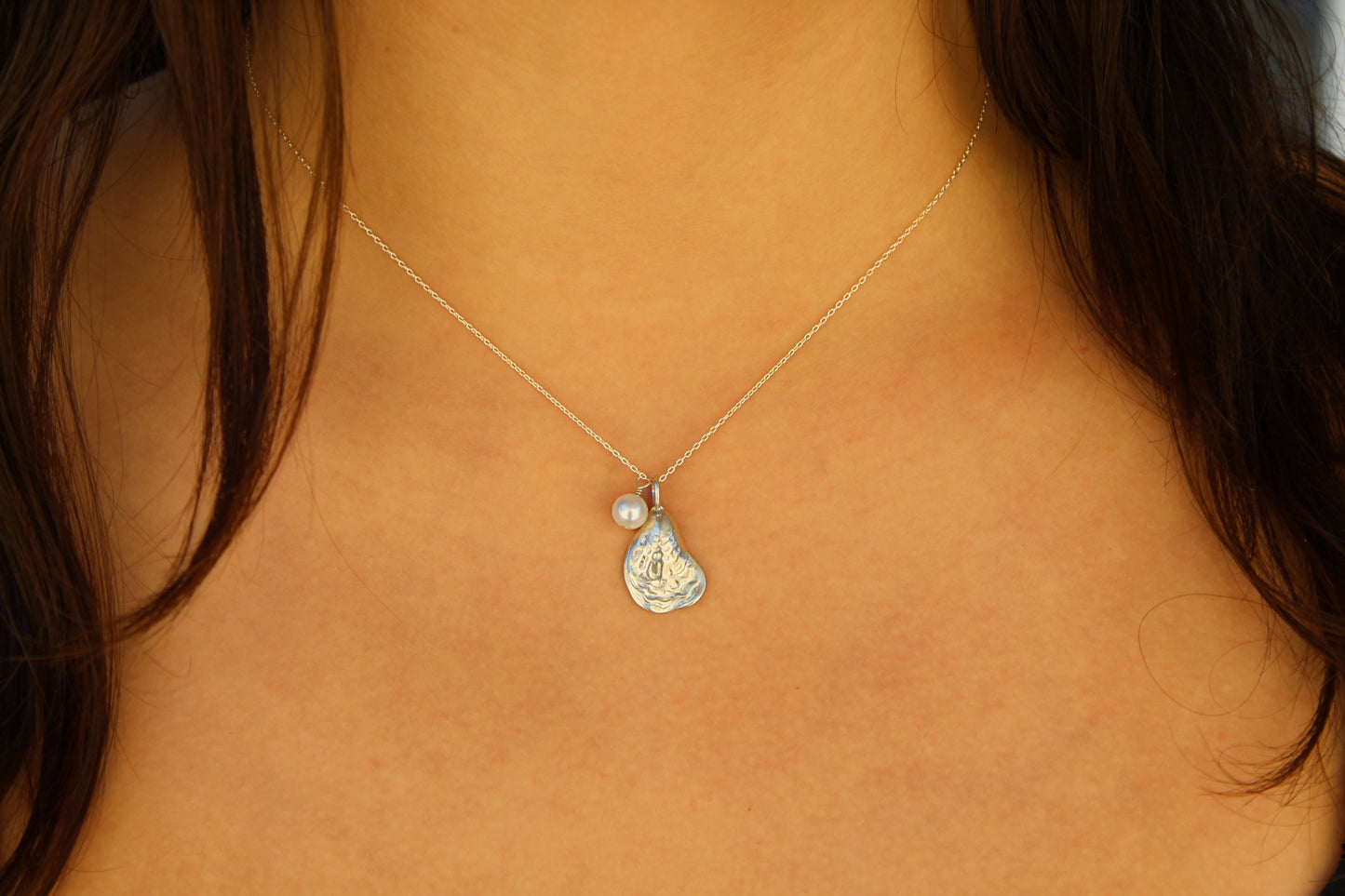 Sterling Silver Oyster Shell and Pearl Necklace