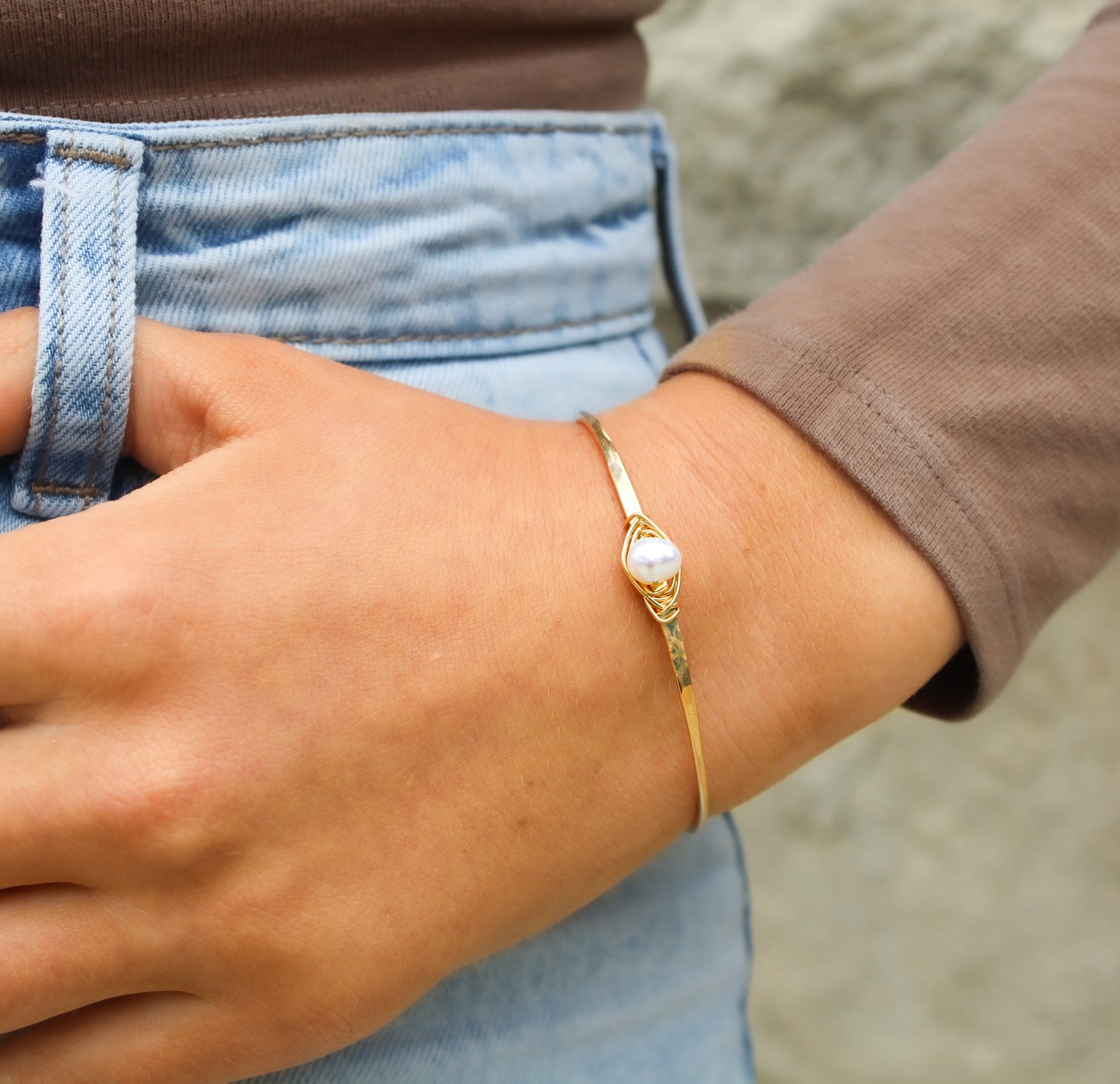 Freshwater Pearl Stacking Bangle, Sterling Silver, 14K Gold Fill