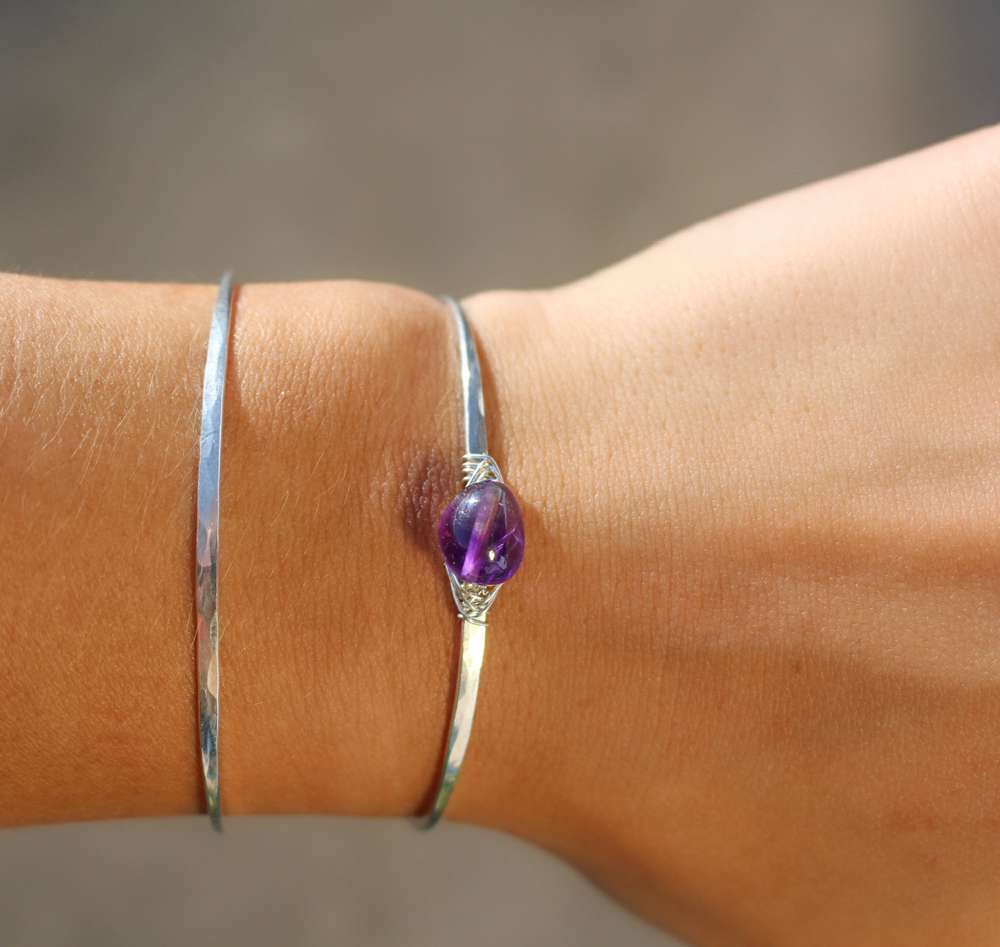 Amethyst Gemstone Bangle, Sterling Silver, 14K Gold Fill