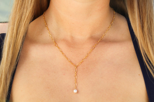 Dainty Pearl Y-Necklace on Figaro Chain, 14k Gold Fill, Sterling Silver