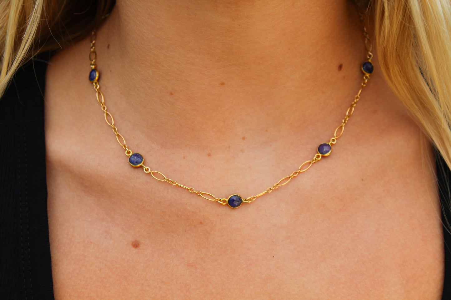 Sapphire Bezel and Figaro Chain Necklace