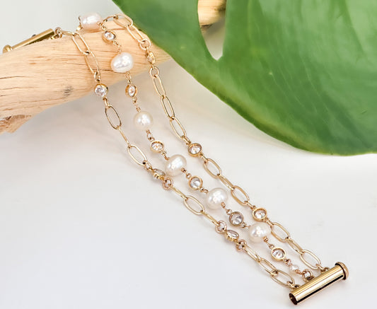 Triple Strand Pearl and CZ Bracelet