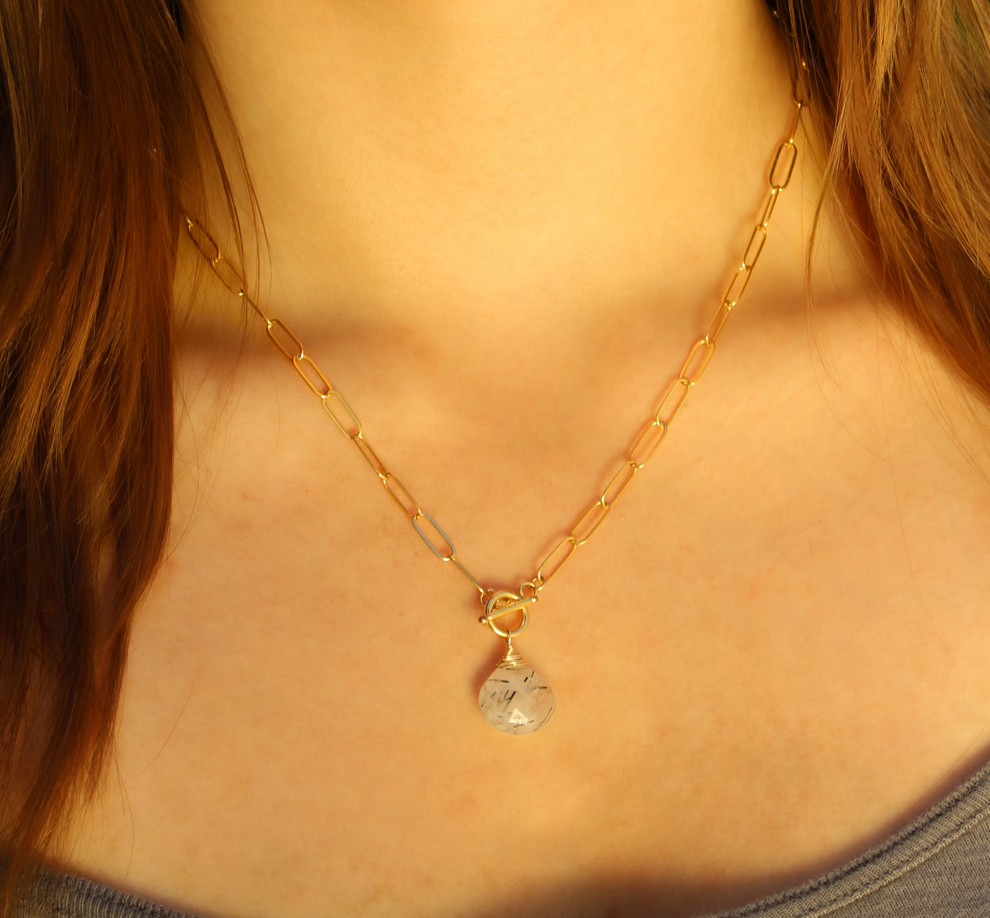 Rutilated Quartz on Paperclip Chain Necklace, Sterling Silver or 14k Gold Fill