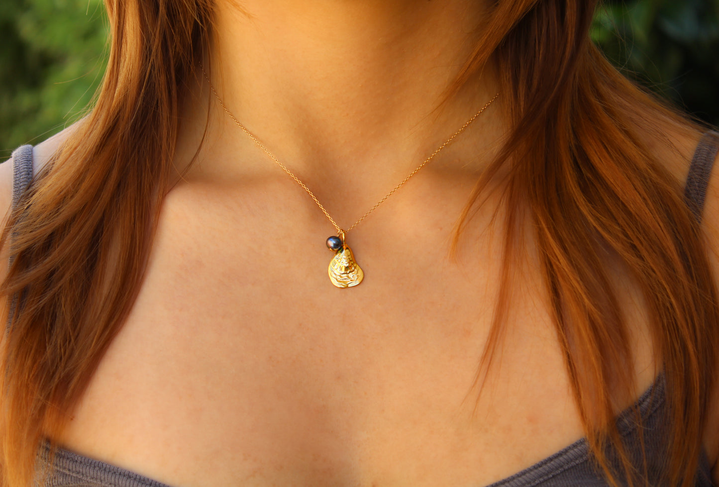 Gold Oyster Shell and Pearl Necklace, Gold Vermeil