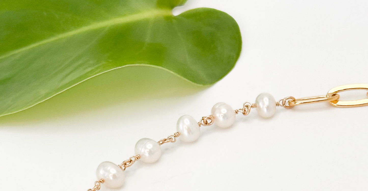 White Pearl and Chunky 14k Gold Fill Paperclip Necklace