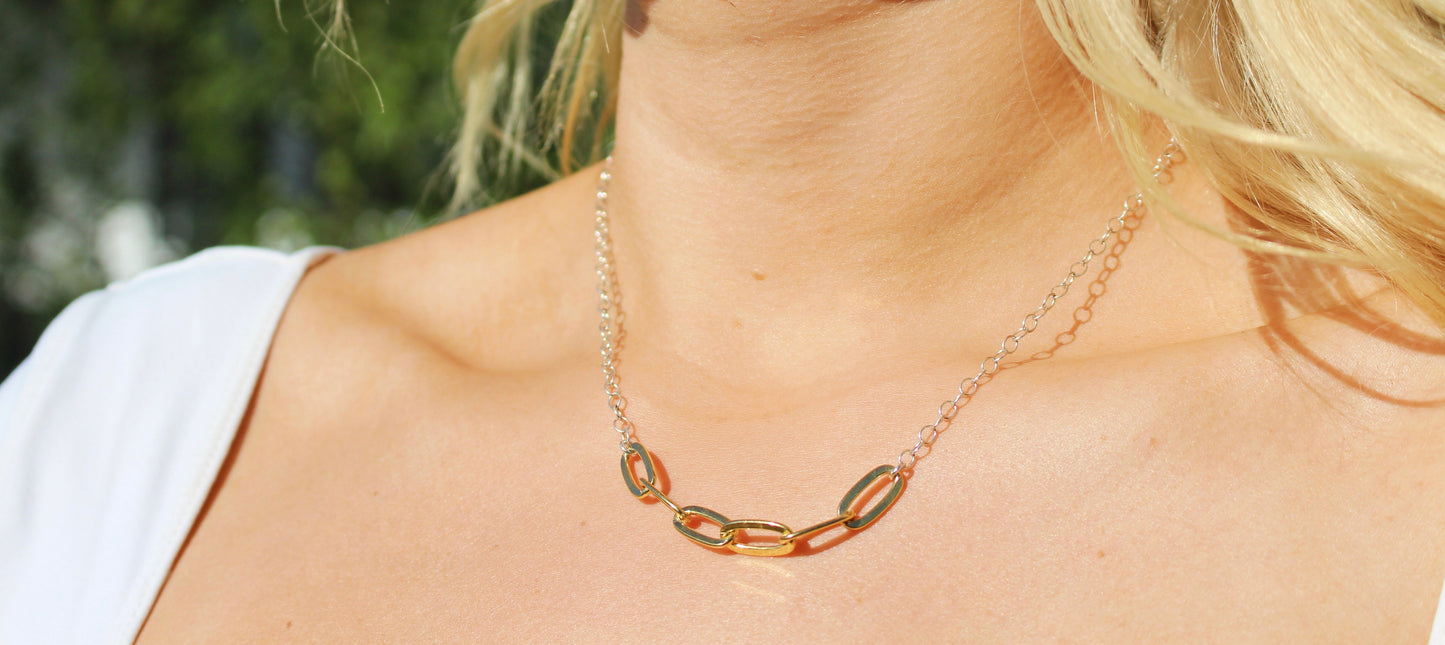 Large Gold Link Mixed Metal Necklace