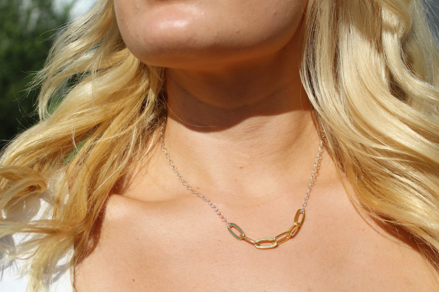 Large Gold Link Mixed Metal Necklace