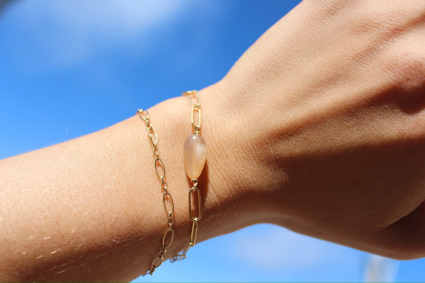 Peach Moonstone Bracelet with Paperclip Chain