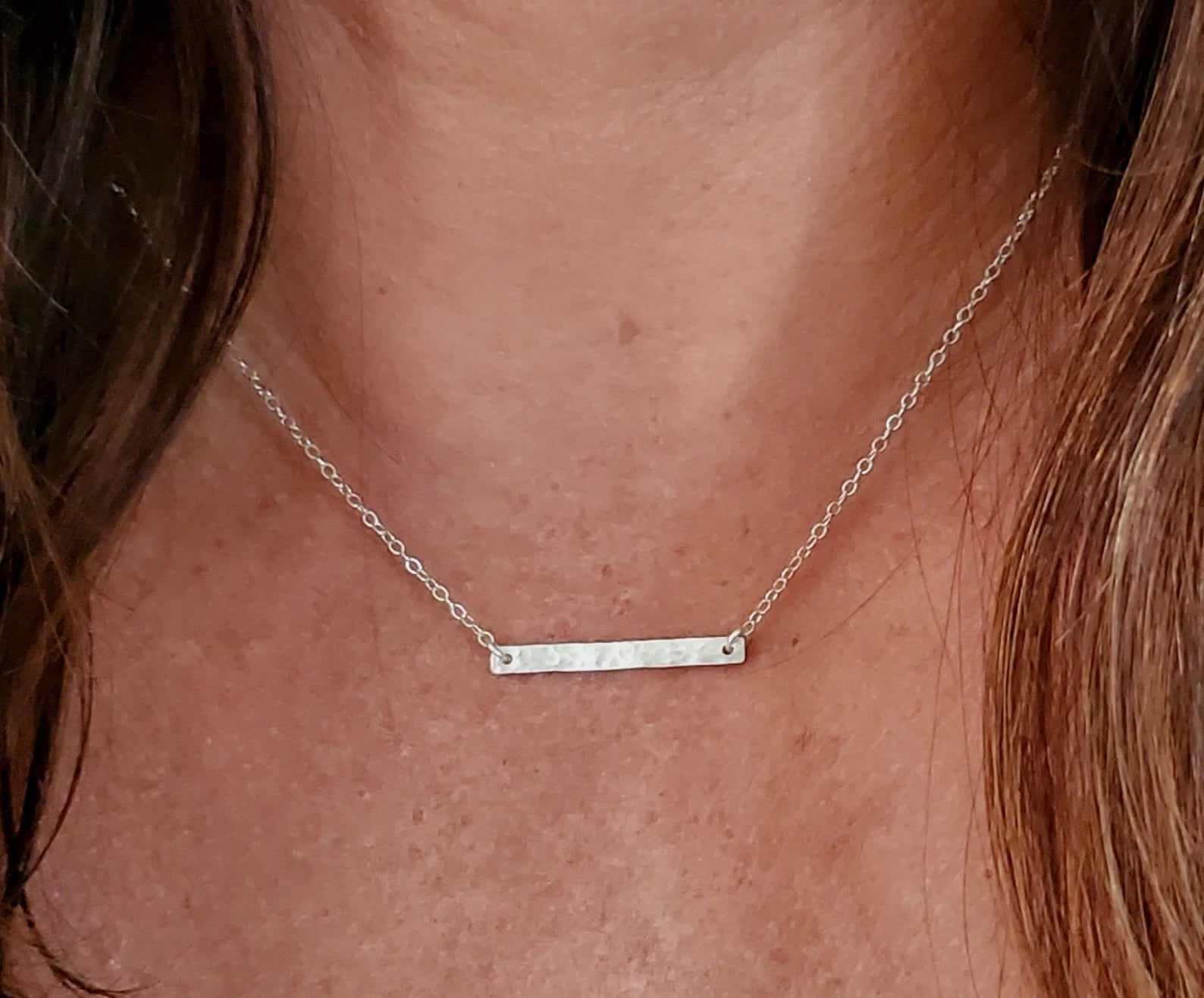 Tiny Sterling Silver Hammered 1 inch Horizontal Bar Necklace My Store
