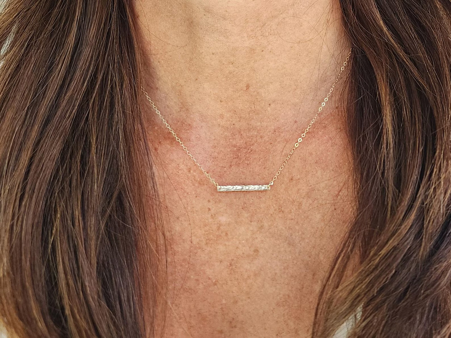 Tiny 14k Gold Fill Hammered 1 inch Horizontal Bar Necklace My Store