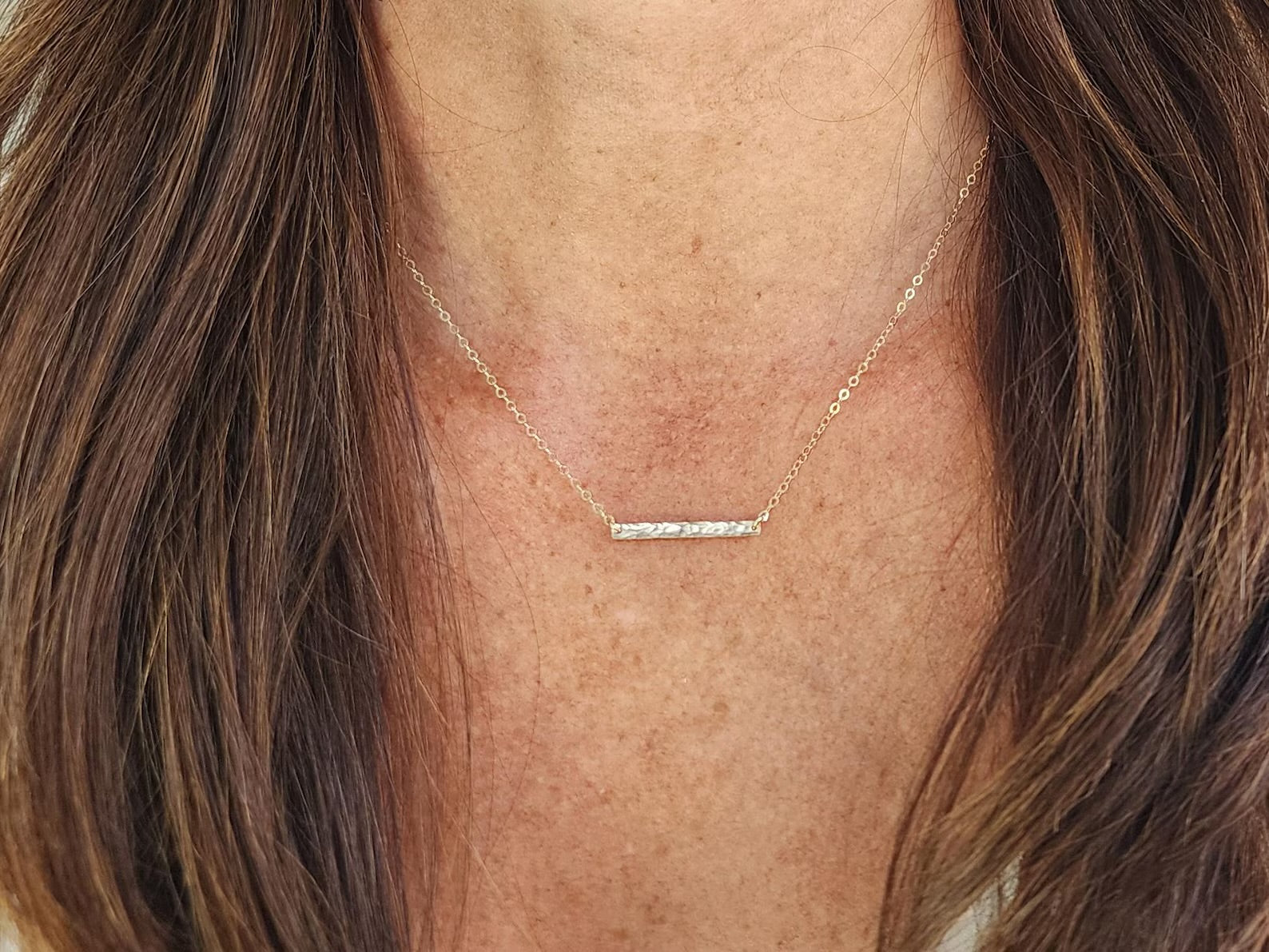 Tiny 14k Gold Fill Hammered 1 inch Horizontal Bar Necklace My Store