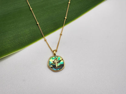 Gold Cross Necklace with Abalone on Satellite Chain My Store
