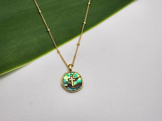 Gold Cross Necklace with Abalone on Satellite Chain My Store