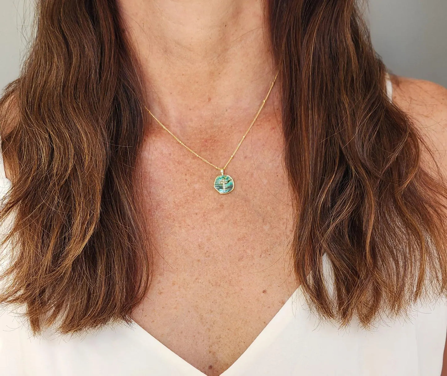 Gold Cross Necklace with Abalone on Satellite Chain My Store