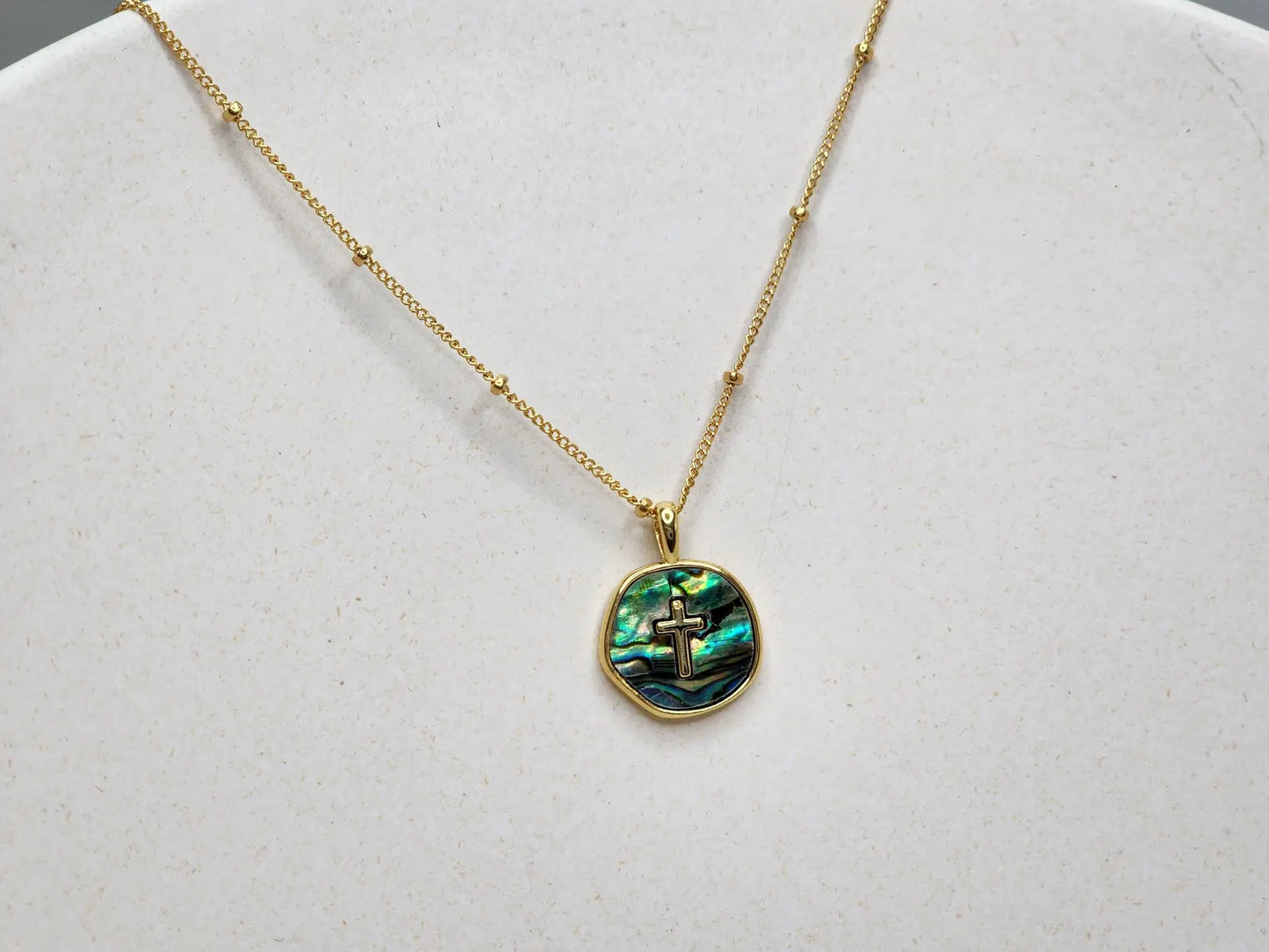 Gold Cross Necklace with Abalone on Satellite Chain My Store