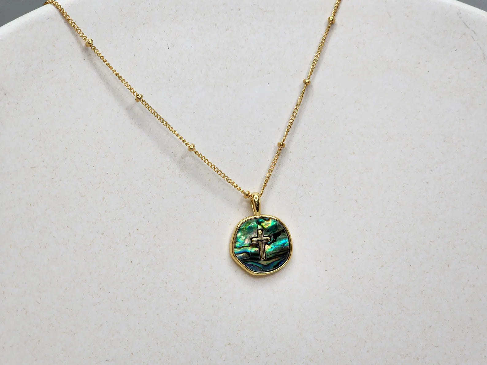 Gold Cross Necklace with Abalone on Satellite Chain My Store