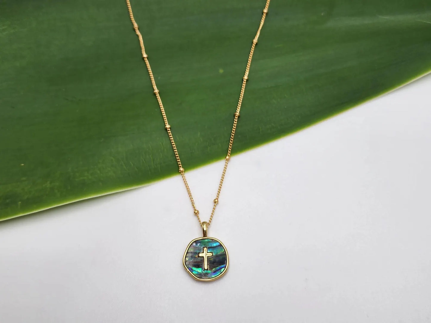 Gold Cross Necklace with Abalone on Satellite Chain My Store