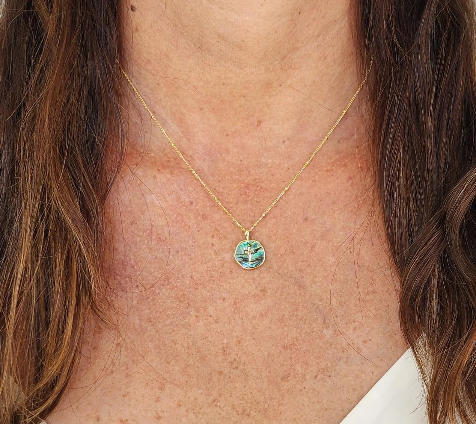 Gold Cross Necklace with Abalone on Satellite Chain My Store