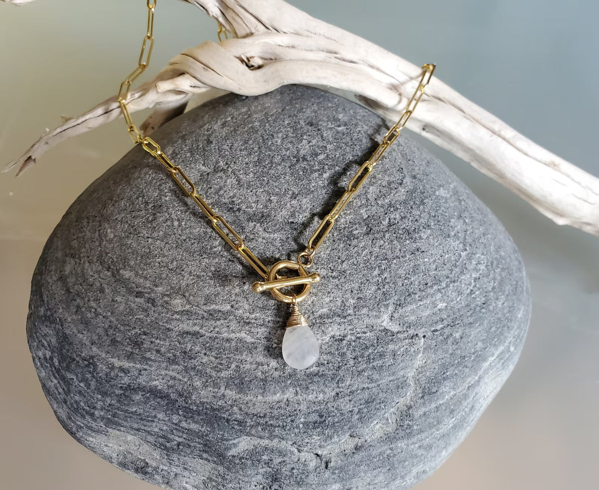 Moonstone Necklace on Paperclip Chain, 14k Gold Fill or Sterling Silver My Store