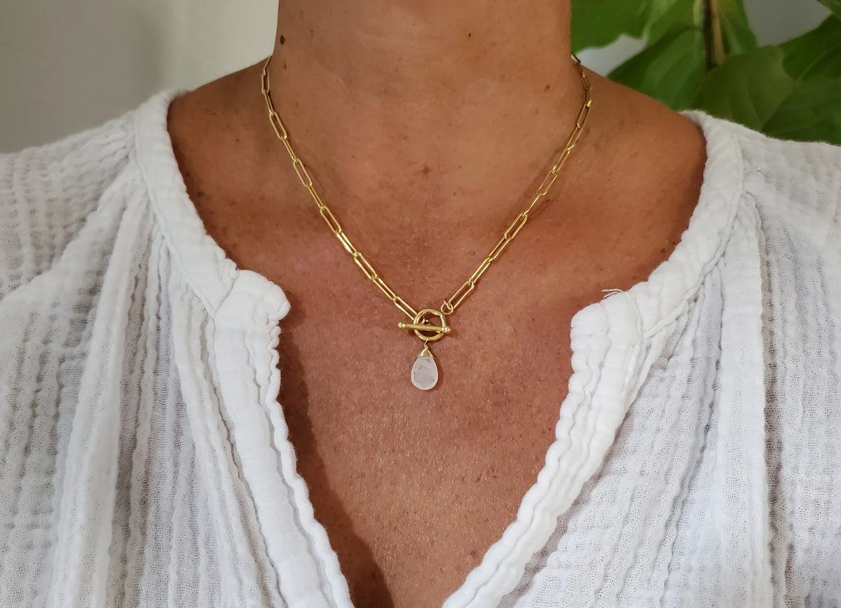 Moonstone Necklace on Paperclip Chain, 14k Gold Fill or Sterling Silver My Store