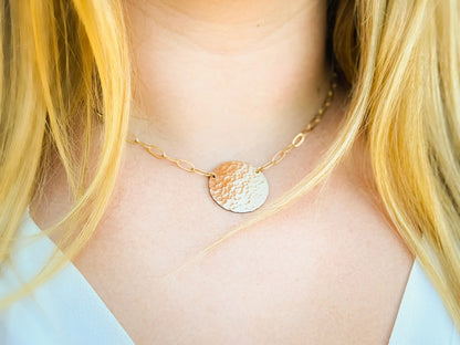 Large Hammered Disk on Paperclip Chain, Sterling Silver or 14k Gold Fill My Store