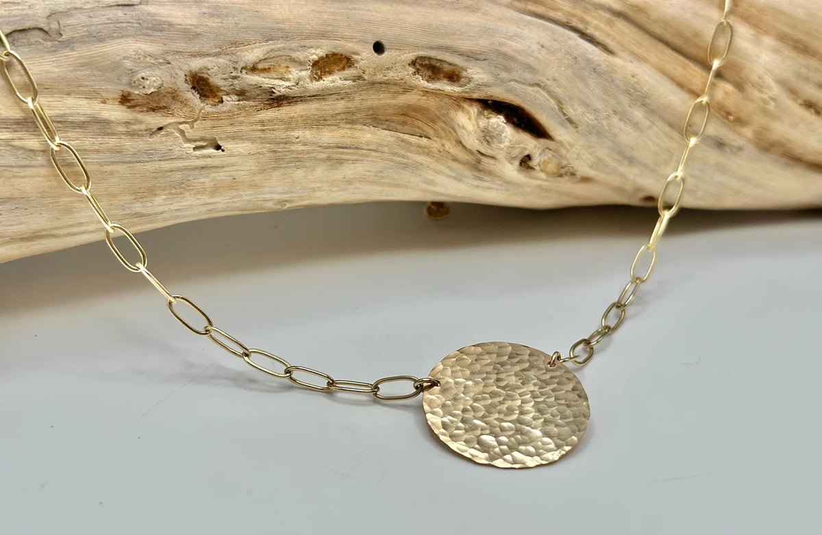 Large Hammered Disk on Paperclip Chain, Sterling Silver or 14k Gold Fill My Store